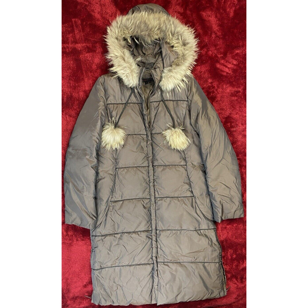 Via Spiga Long Brown Hooded Zip Up Puffer Coat Jacket With Fur Hood - Size M